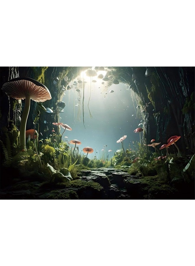 AWERT 36x18 inches Aquarium Background Foggy Stone Mushroom Moss Terrarium Background Polyester Green Plants Cave Fish Tank Background - Image 1